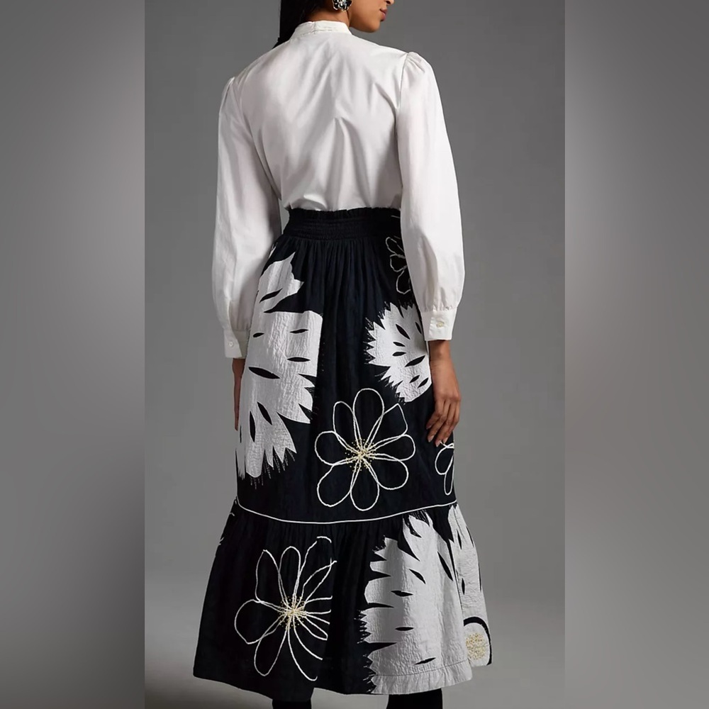 ANTHROPOLOGIE MAEVE TIERED FLORAL SKIRT BLACK & WHITE SIZE S NWT - Picture 5 of 14